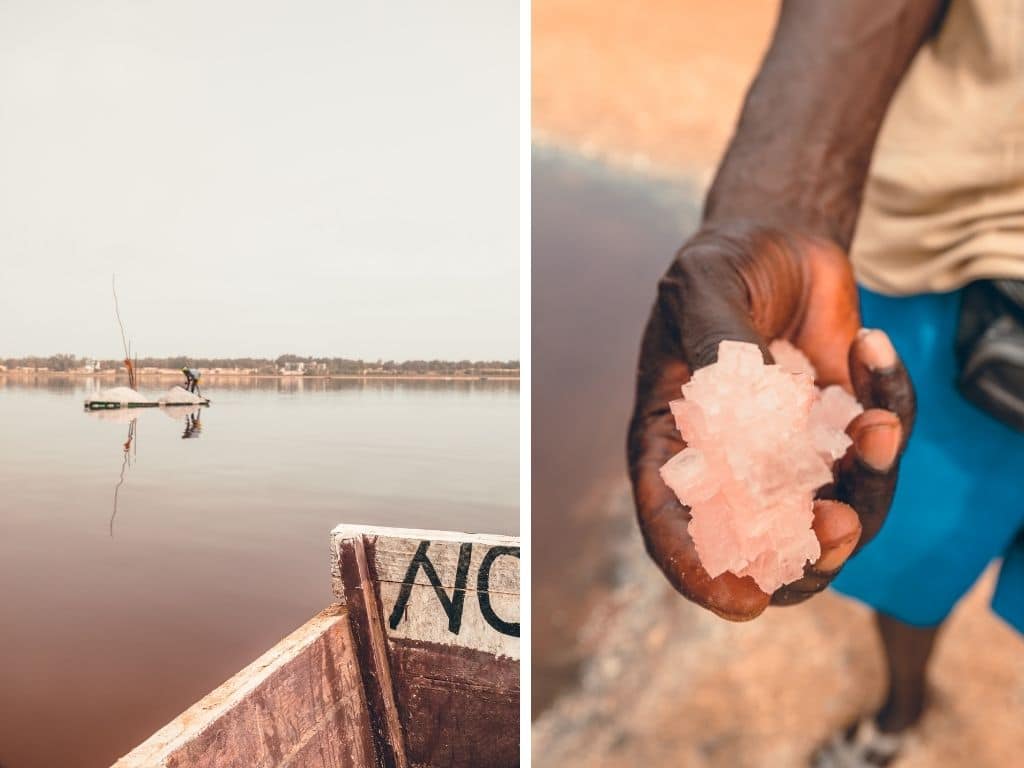 Photo montrant l'activité des ramasseurs de sel dans le lac rose du Sénégal