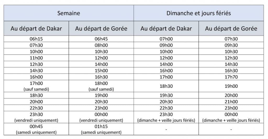 grille des horaires de la chaloupe de île de Gorée au Sénégal
