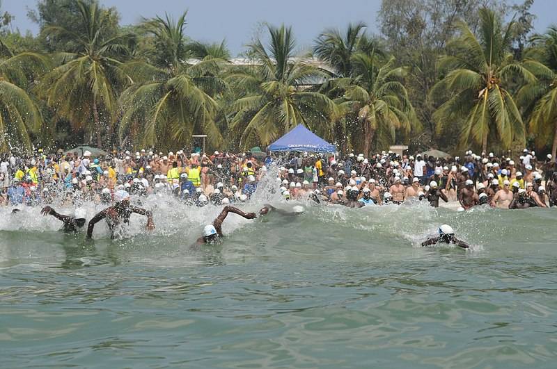 Nageurs qui s'affrontent lors de la Traversée Dakar-Gorée en natation
